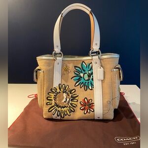 Coach burlap tote with bumble bees and flowers.